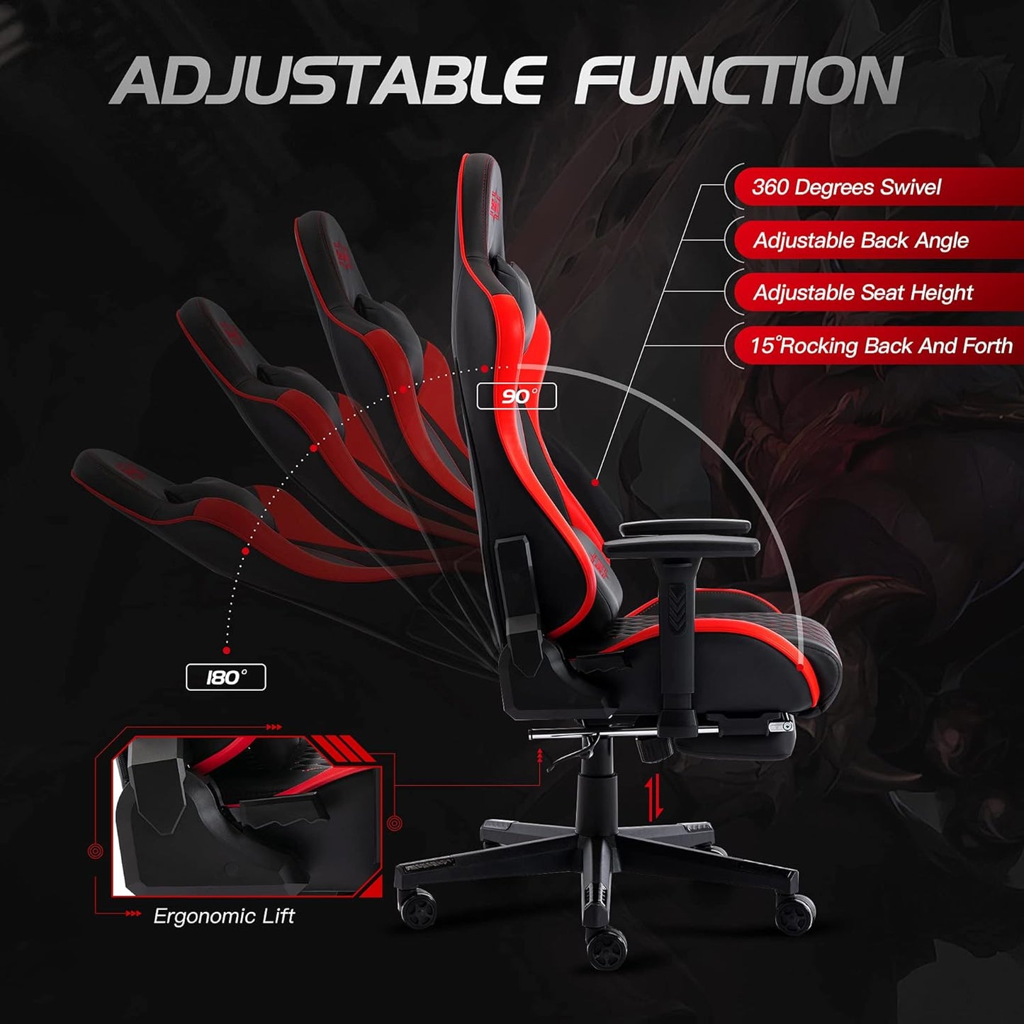 Gaming Chair with Footrest Thicken Seat Ergonomic Computer Gamer Chair with 3D Armrest PU Leather Headrest and Lumbar Support Racing Style High Back Video Game Chairs for Adults Black+Red