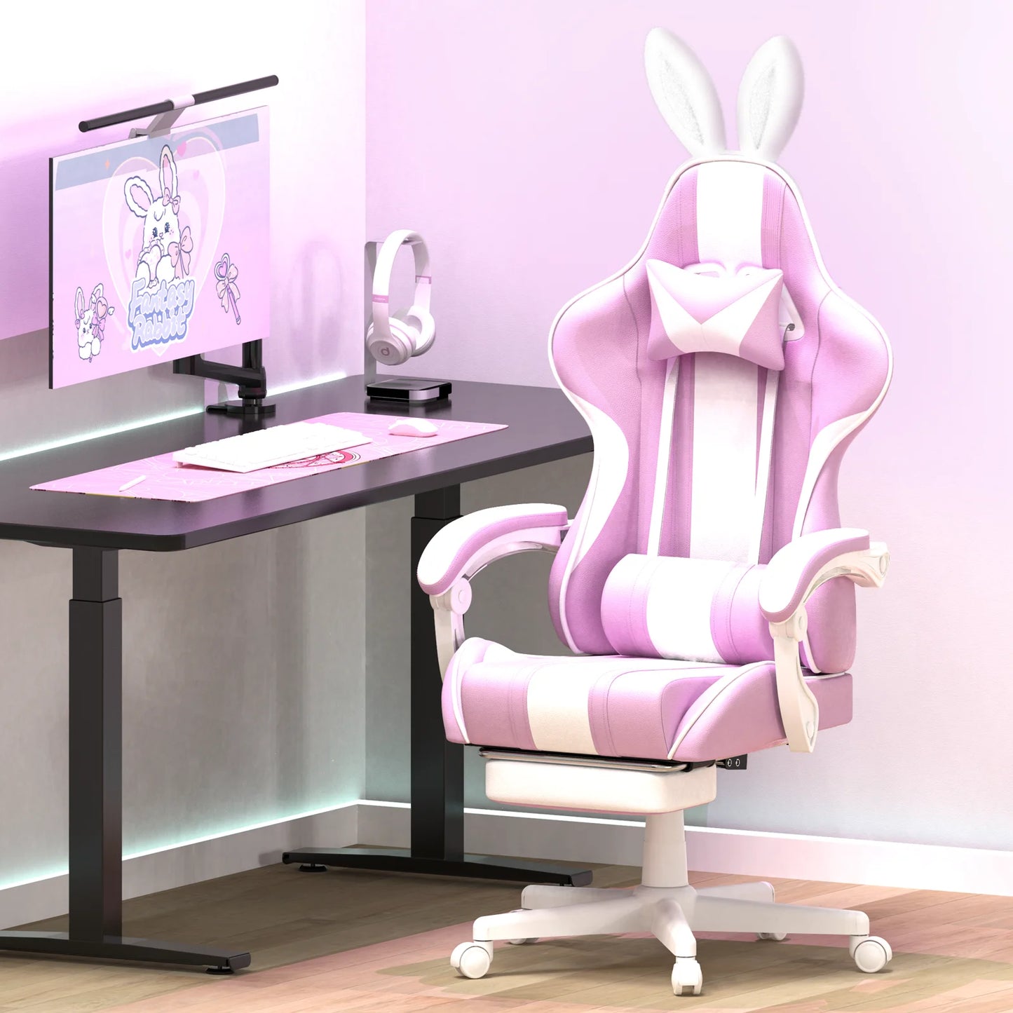 Purple Gaming Chair with Footrest, Ergonomic Game Gamer Chair with Massage Lumbar Pillow & Adjustable Headrest, High Back Office Computer Cute Bunny Ears for Adults Kids Girls, Light Purple