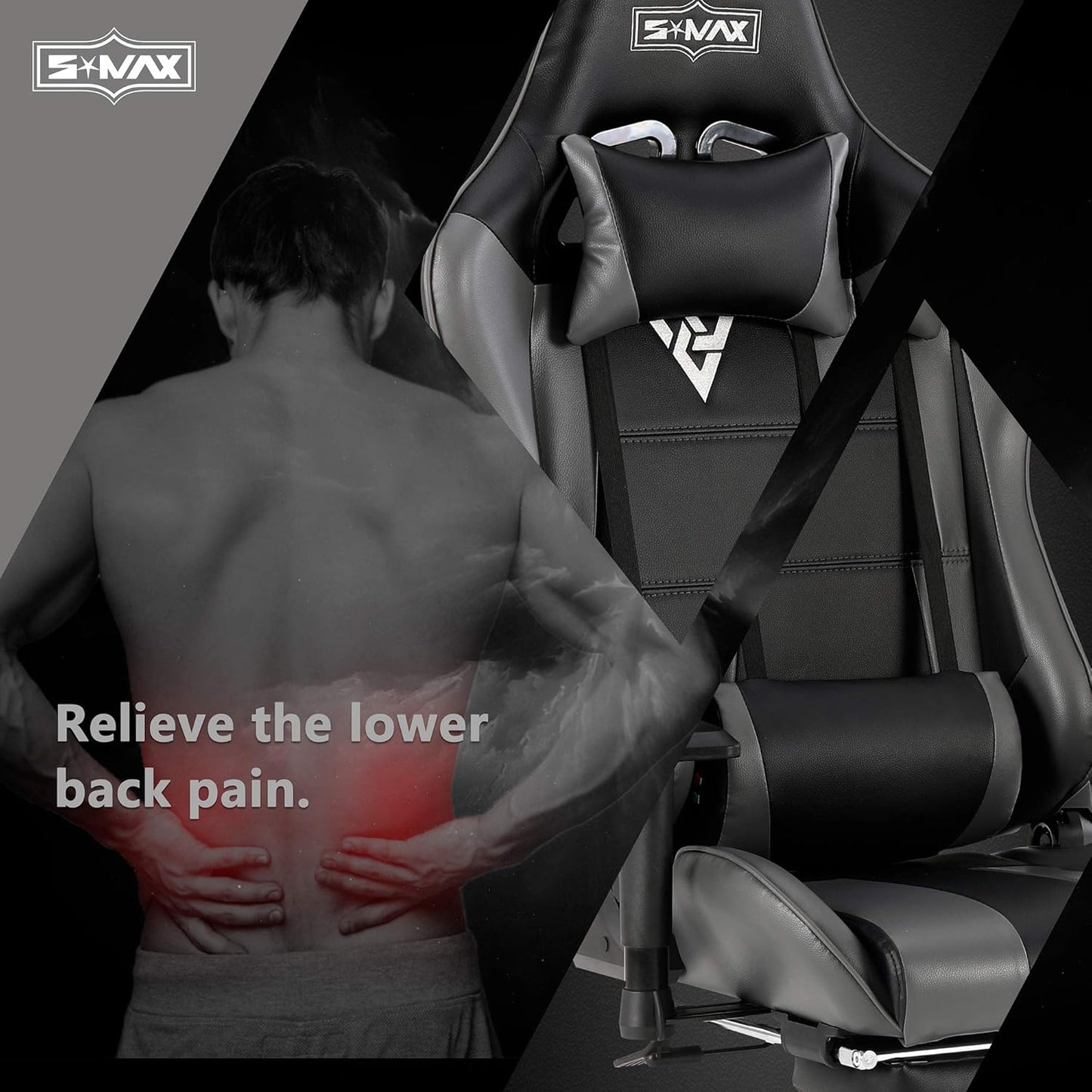Gaming Chair with Footrest Racing Office Computer Ergonomic Video Game Chairs PU Leather Headrest and Massager Lumbar Support Adjustable Rolling Swivel Gamer Chair Black and Grey
