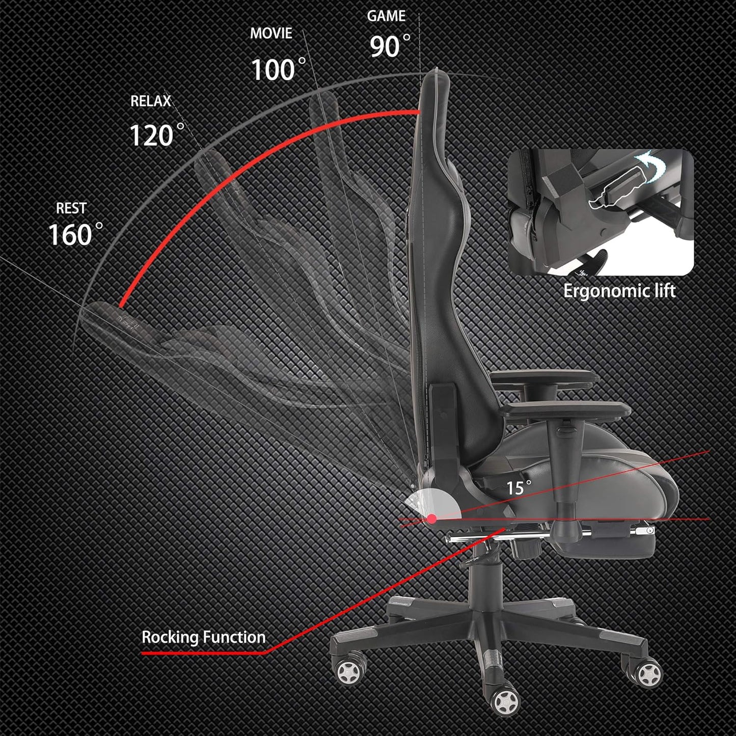 Gaming Chair with Footrest Racing Office Computer Ergonomic Video Game Chairs PU Leather Headrest and Massager Lumbar Support Adjustable Rolling Swivel Gamer Chair Black and Grey