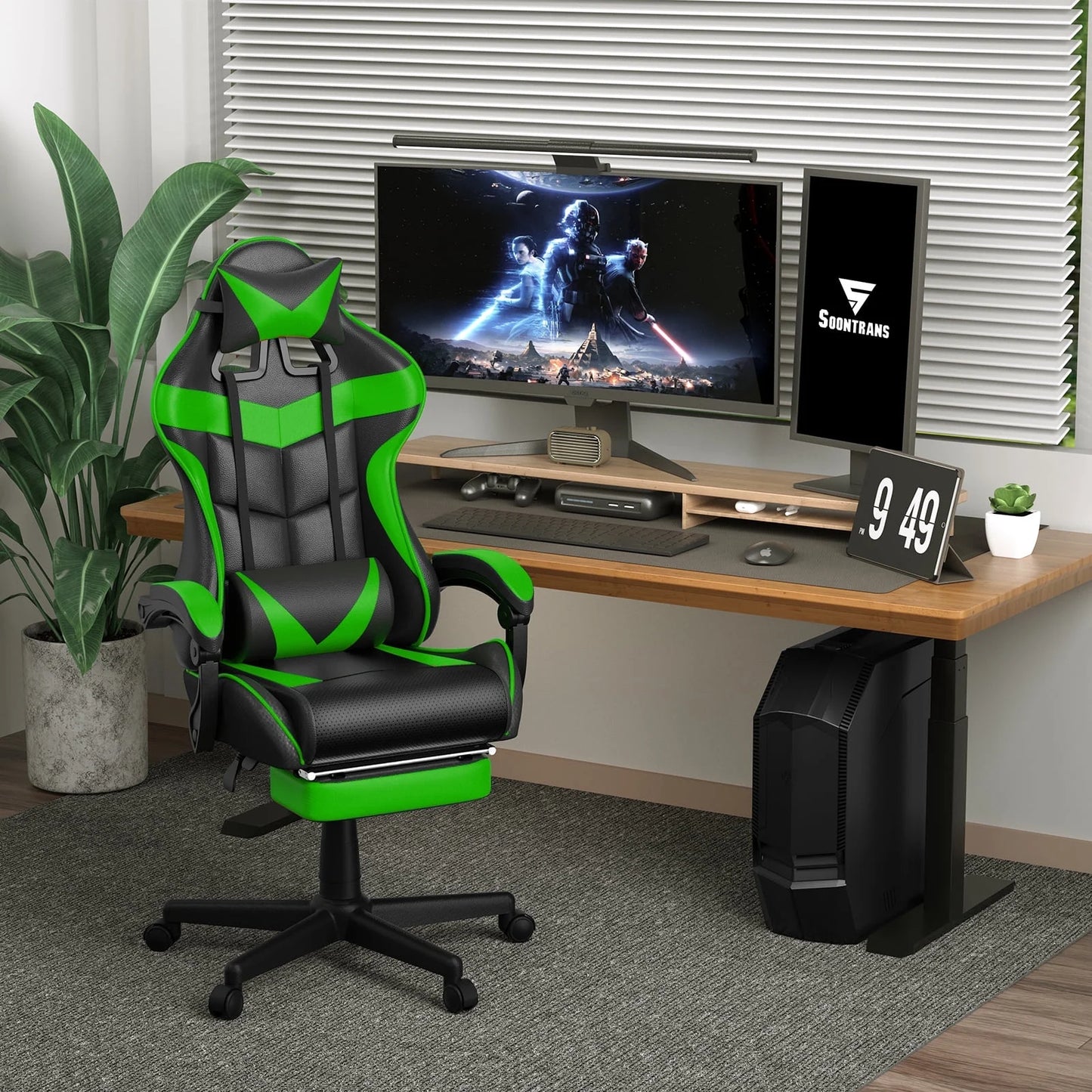 Gaming Chair Computer Chair with Footrest, Office Chair with Lumbar Massage Pillow, Racing Ergonomic Game Chair , Swivel Gamers Chair for Adults Kids, Green