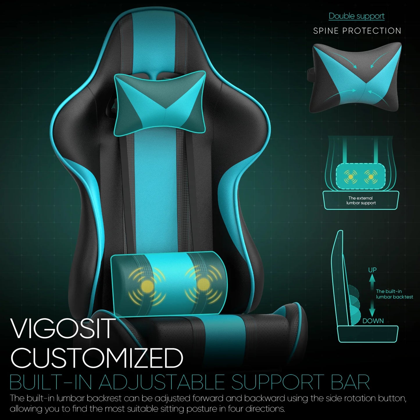 Gaming Chair Office Chair, Ergonomic Gamer Game Chair with Footrest & Massage Lumbar Pillow, Reclining Computer Chair for Adults Kids, Blue