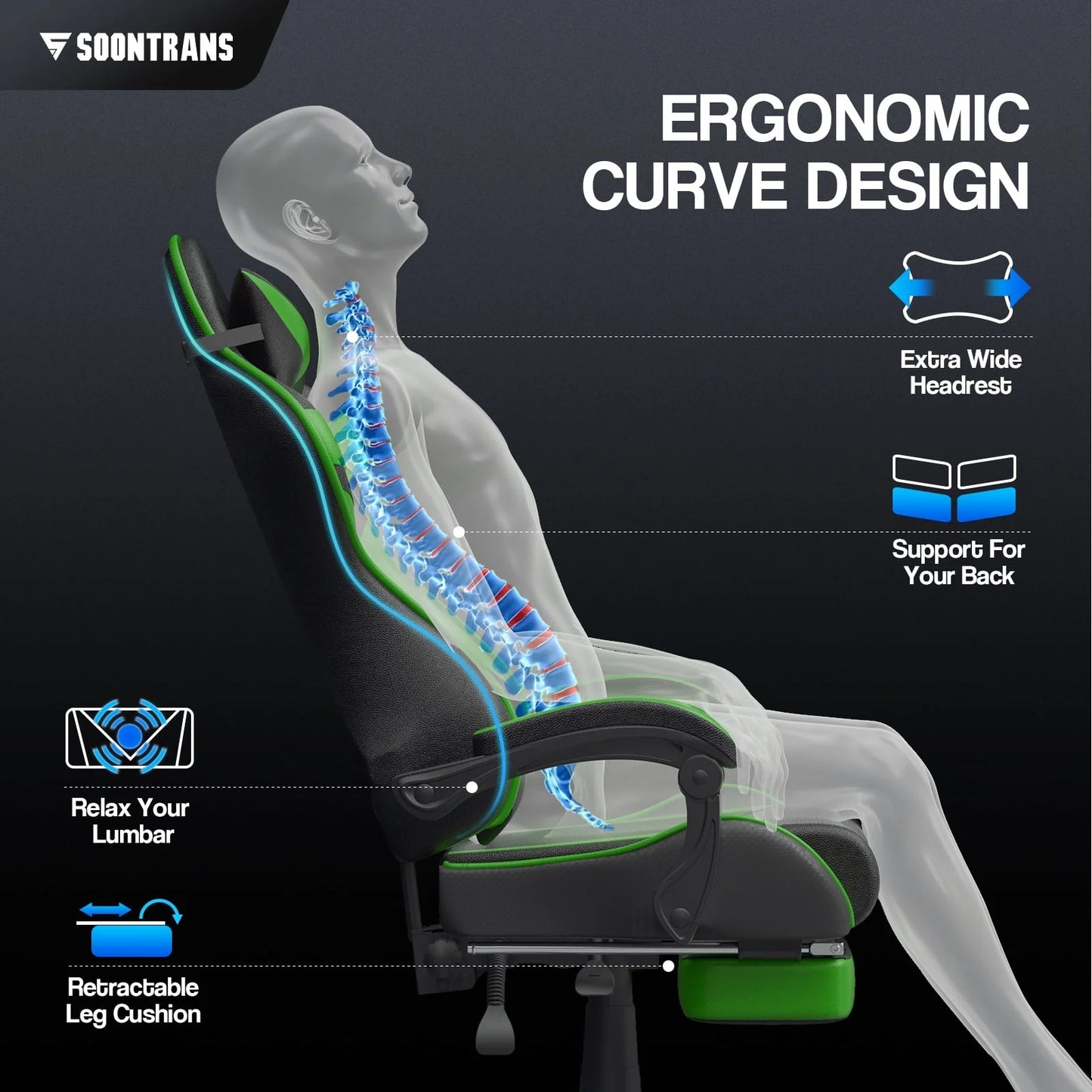 Gaming Chair Computer Chair with Footrest, Office Chair with Lumbar Massage Pillow, Racing Ergonomic Game Chair , Swivel Gamers Chair for Adults Kids, Green