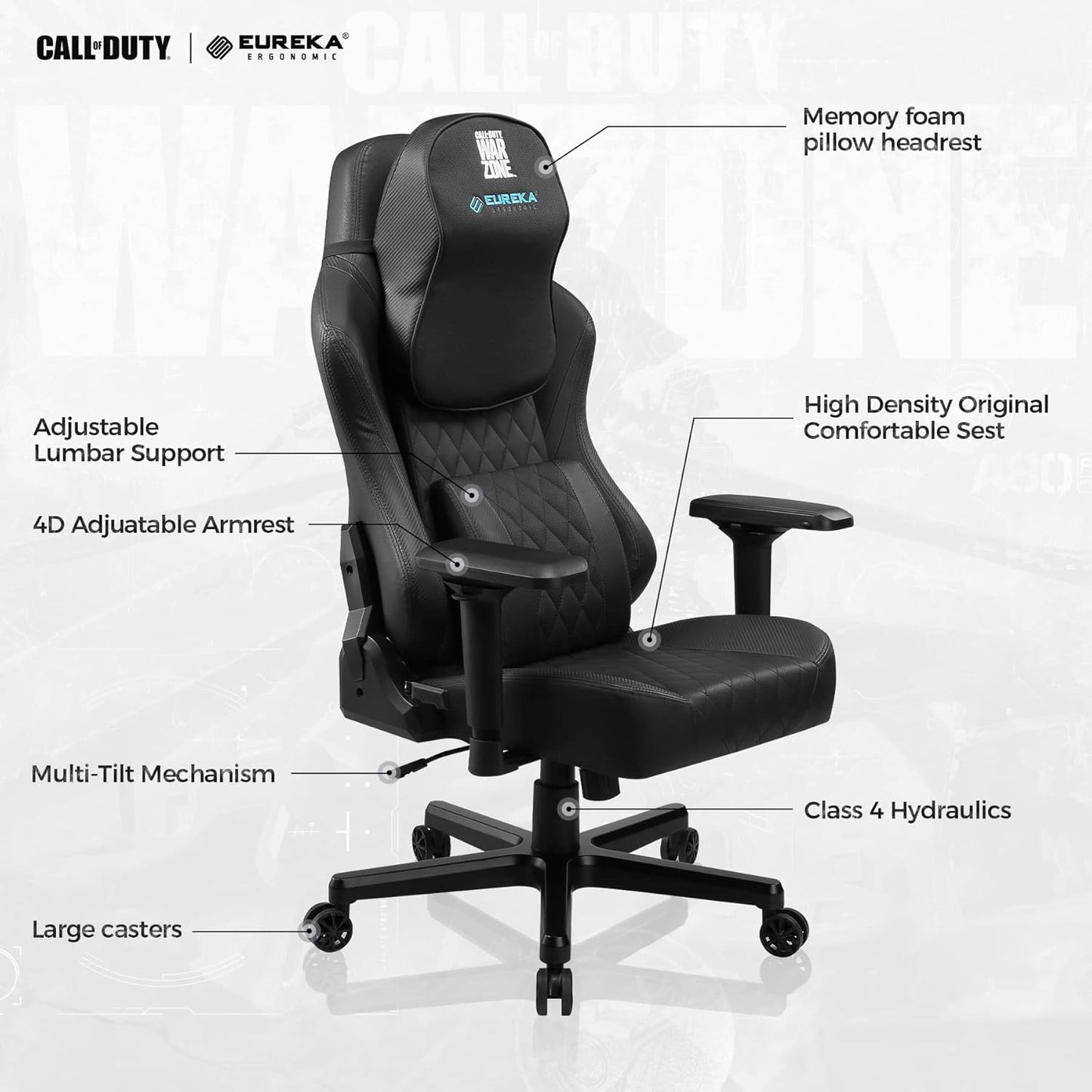 & Call of Dutyⓡ Gaming Chair,Gamer Chair Ergonomic PC E-Sports Chairs with Memory Foam Headrest and Lumbar Pillow Support 4D Adjustable Armrest Video Game Chairs for Adults,Black