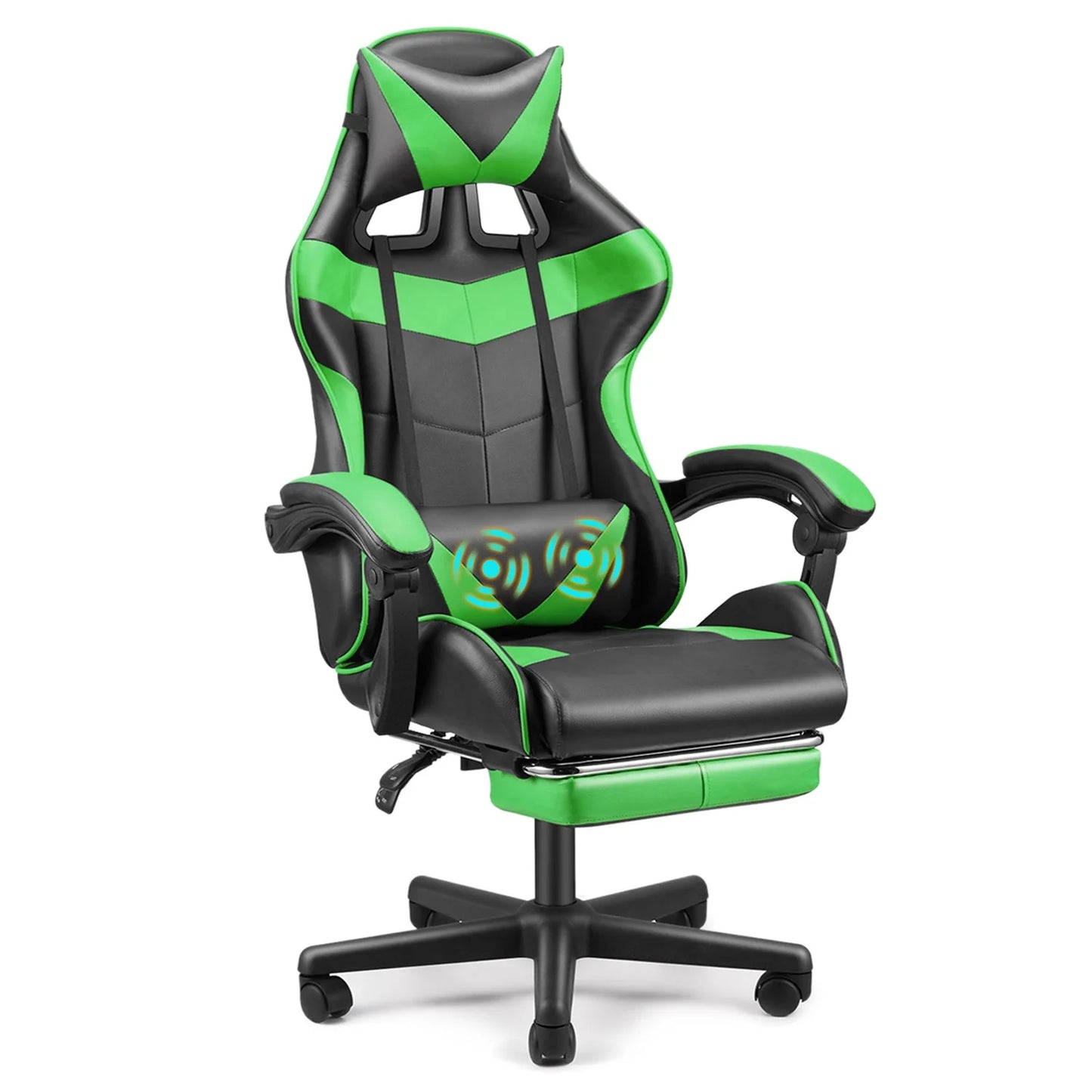 Gaming Chair Computer Chair with Footrest, Office Chair with Lumbar Massage Pillow, Racing Ergonomic Game Chair , Swivel Gamers Chair for Adults Kids, Green