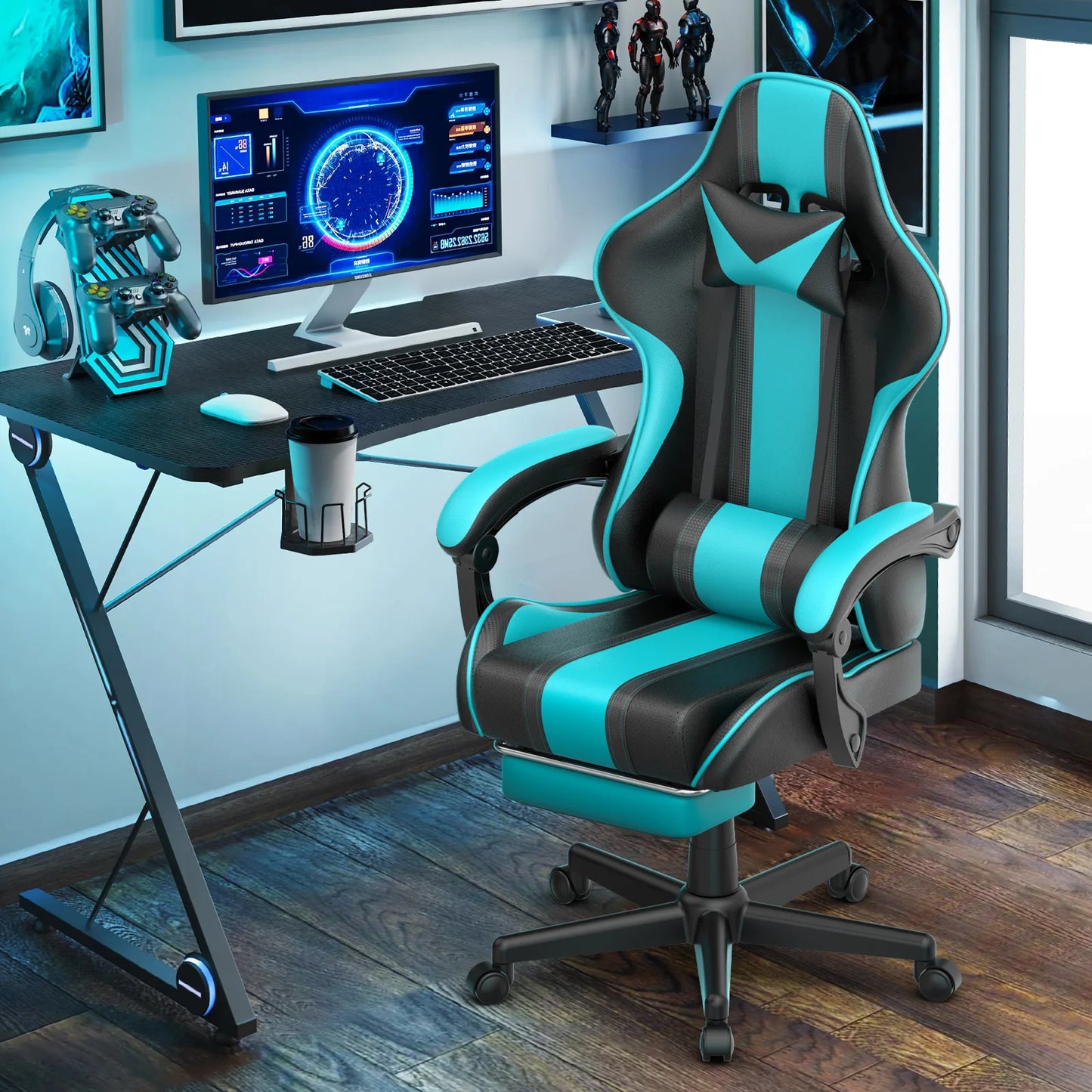 Gaming Chair Office Chair, Ergonomic Gamer Game Chair with Footrest & Massage Lumbar Pillow, Reclining Computer Chair for Adults Kids, Blue