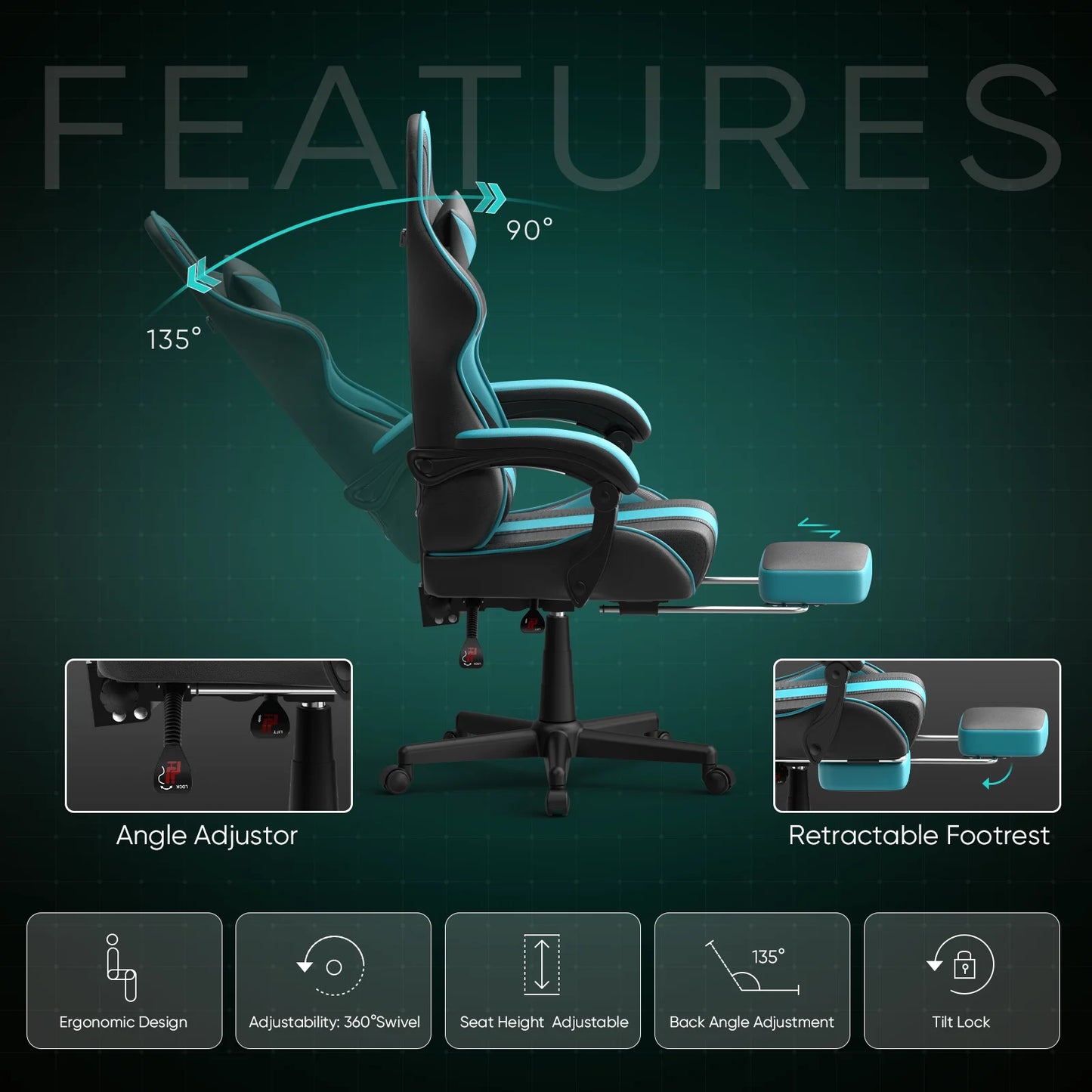 Gaming Chair Office Chair, Ergonomic Gamer Game Chair with Footrest & Massage Lumbar Pillow, Reclining Computer Chair for Adults Kids, Blue