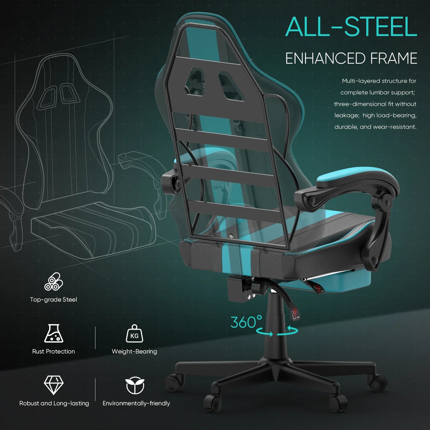 Gaming Chair Office Chair, Ergonomic Gamer Game Chair with Footrest & Massage Lumbar Pillow, Reclining Computer Chair for Adults Kids, Blue