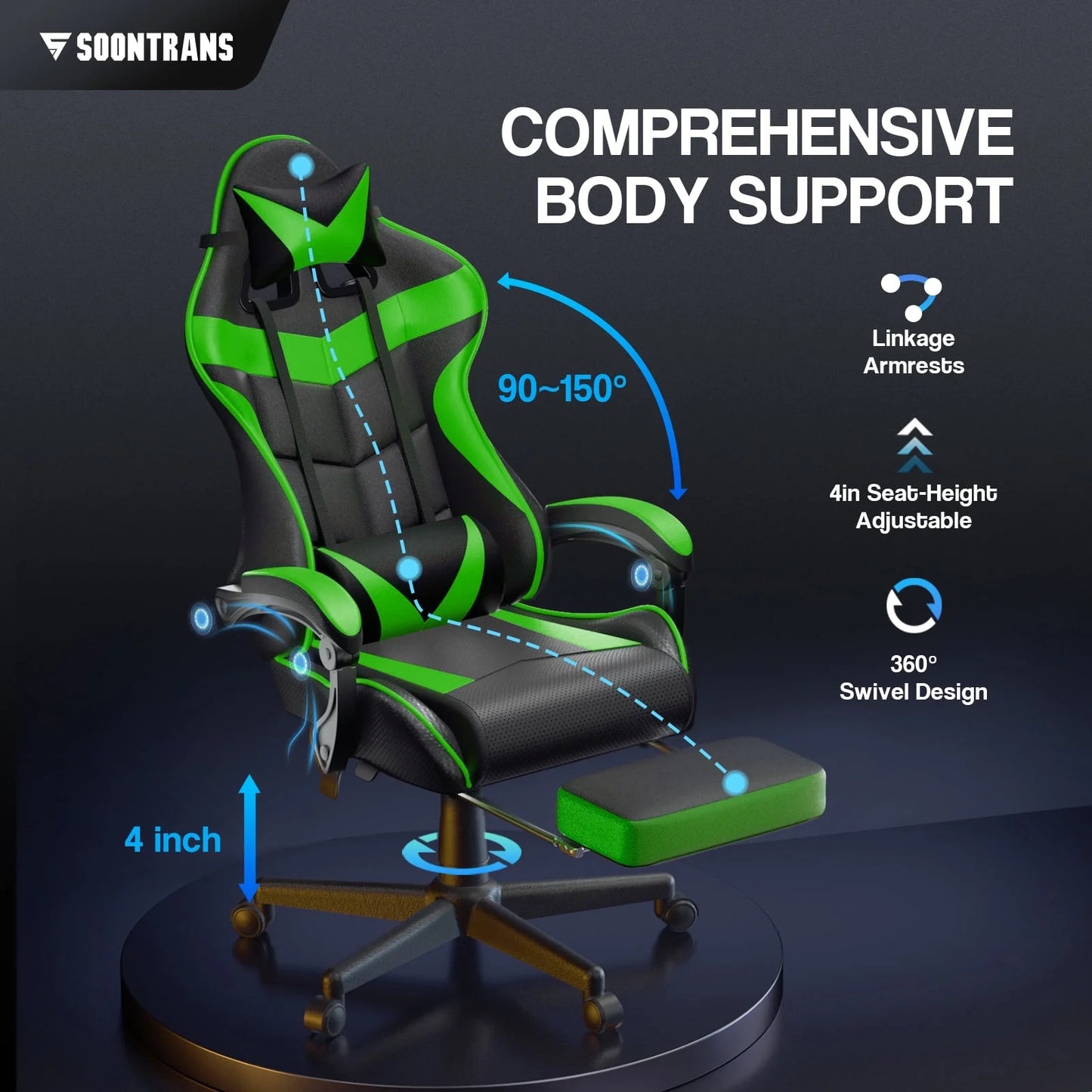 Gaming Chair Computer Chair with Footrest, Office Chair with Lumbar Massage Pillow, Racing Ergonomic Game Chair , Swivel Gamers Chair for Adults Kids, Green