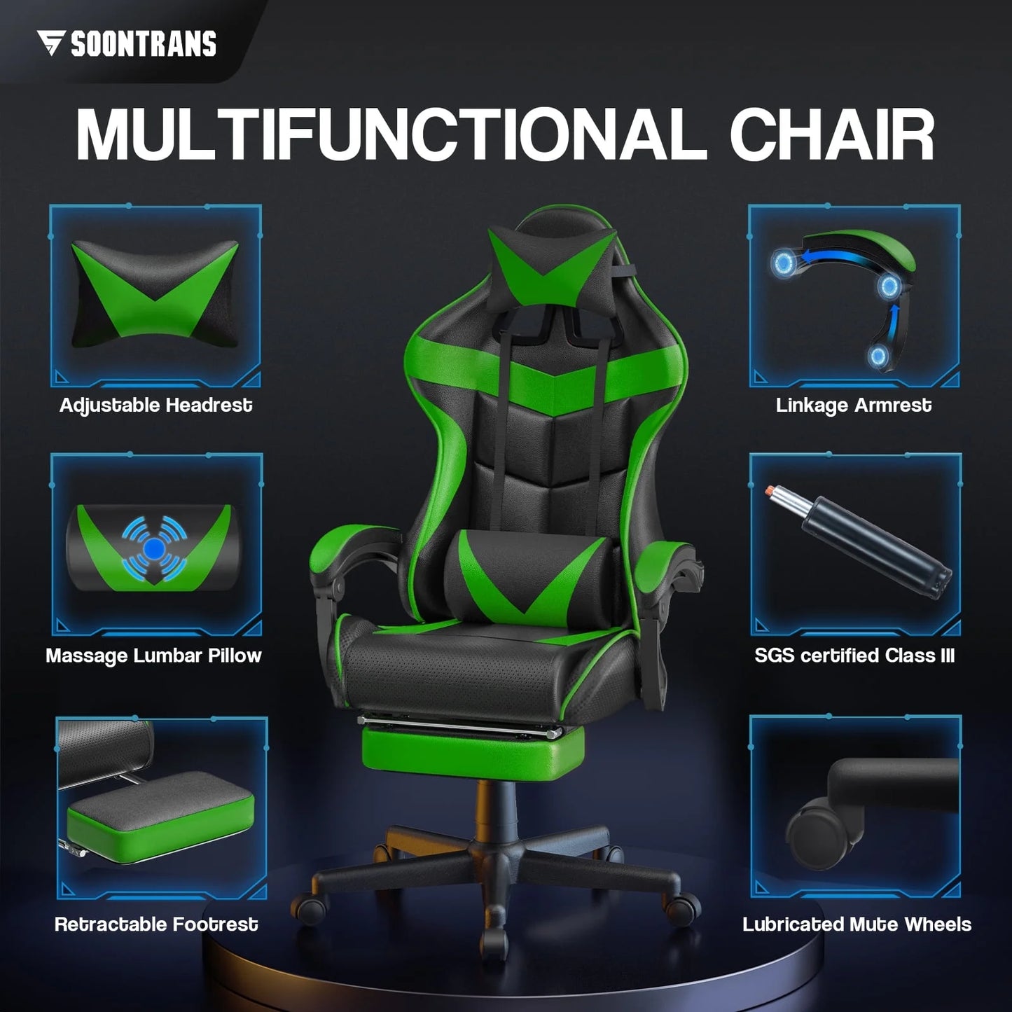 Gaming Chair Computer Chair with Footrest, Office Chair with Lumbar Massage Pillow, Racing Ergonomic Game Chair , Swivel Gamers Chair for Adults Kids, Green