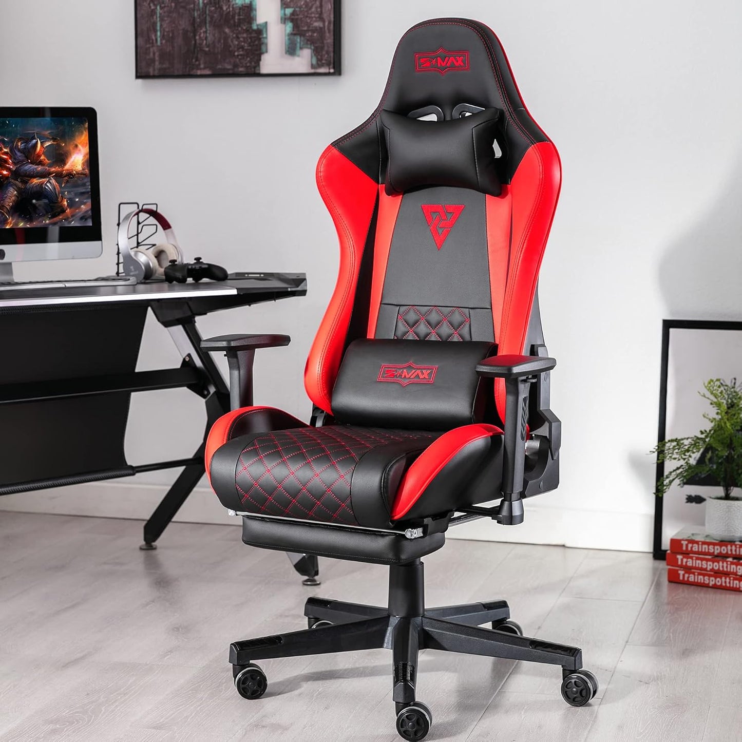Gaming Chair with Footrest Thicken Seat Ergonomic Computer Gamer Chair with 3D Armrest PU Leather Headrest and Lumbar Support Racing Style High Back Video Game Chairs for Adults Black+Red