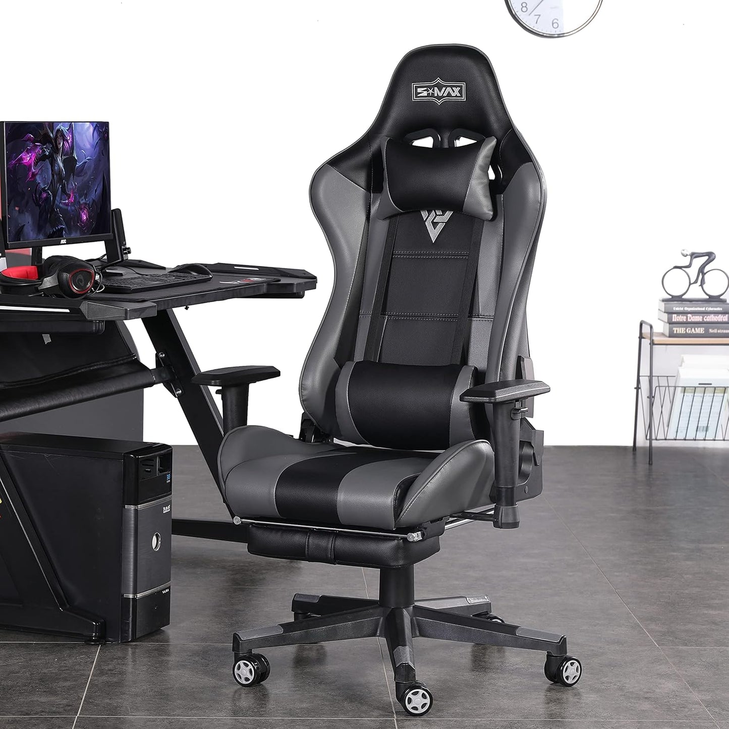 Gaming Chair with Footrest Racing Office Computer Ergonomic Video Game Chairs PU Leather Headrest and Massager Lumbar Support Adjustable Rolling Swivel Gamer Chair Black and Grey