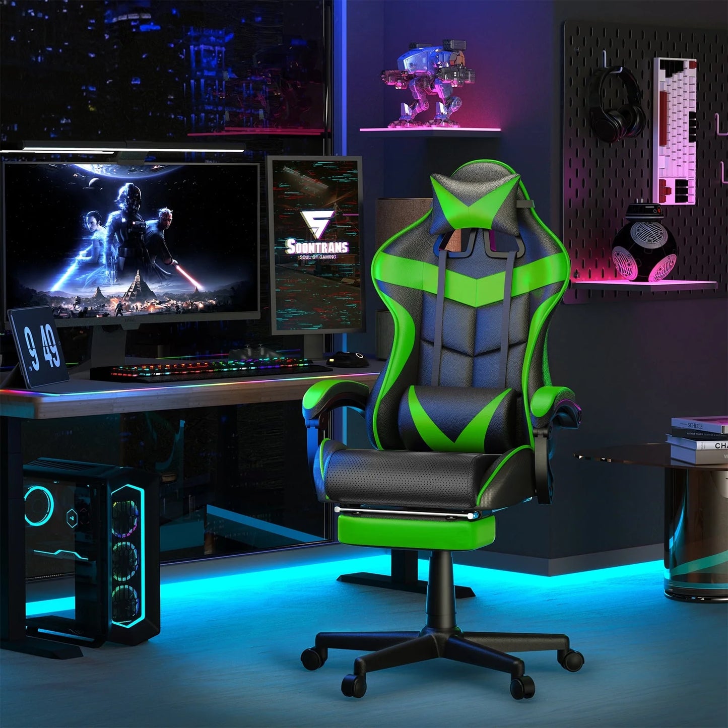 Gaming Chair Computer Chair with Footrest, Office Chair with Lumbar Massage Pillow, Racing Ergonomic Game Chair , Swivel Gamers Chair for Adults Kids, Green