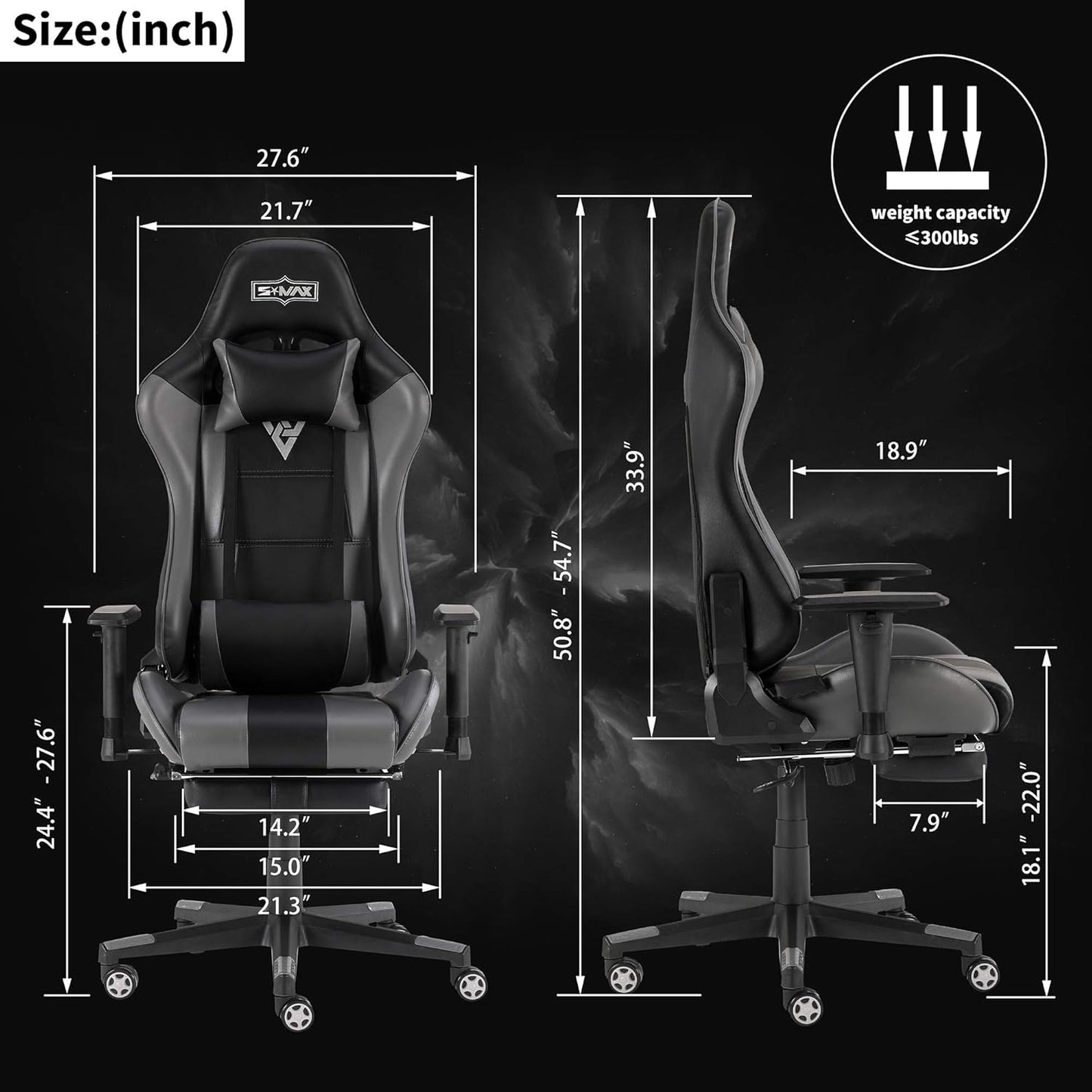 Gaming Chair with Footrest Racing Office Computer Ergonomic Video Game Chairs PU Leather Headrest and Massager Lumbar Support Adjustable Rolling Swivel Gamer Chair Black and Grey