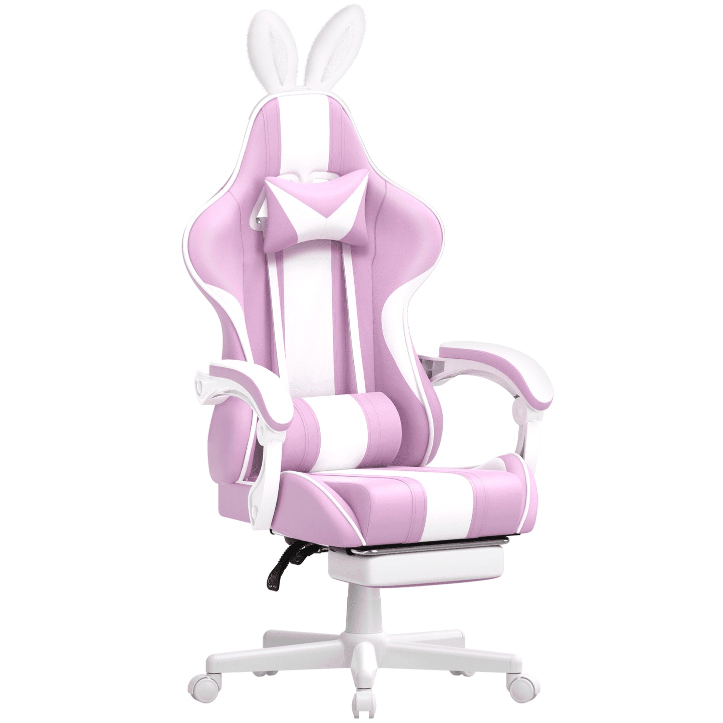 Purple Gaming Chair with Footrest, Ergonomic Game Gamer Chair with Massage Lumbar Pillow & Adjustable Headrest, High Back Office Computer Cute Bunny Ears for Adults Kids Girls, Light Purple