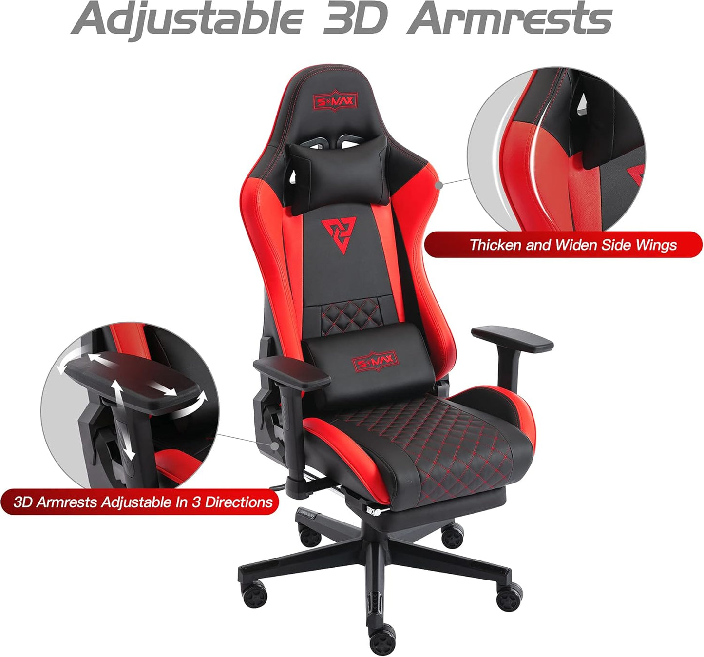 Gaming Chair with Footrest Thicken Seat Ergonomic Computer Gamer Chair with 3D Armrest PU Leather Headrest and Lumbar Support Racing Style High Back Video Game Chairs for Adults Black+Red