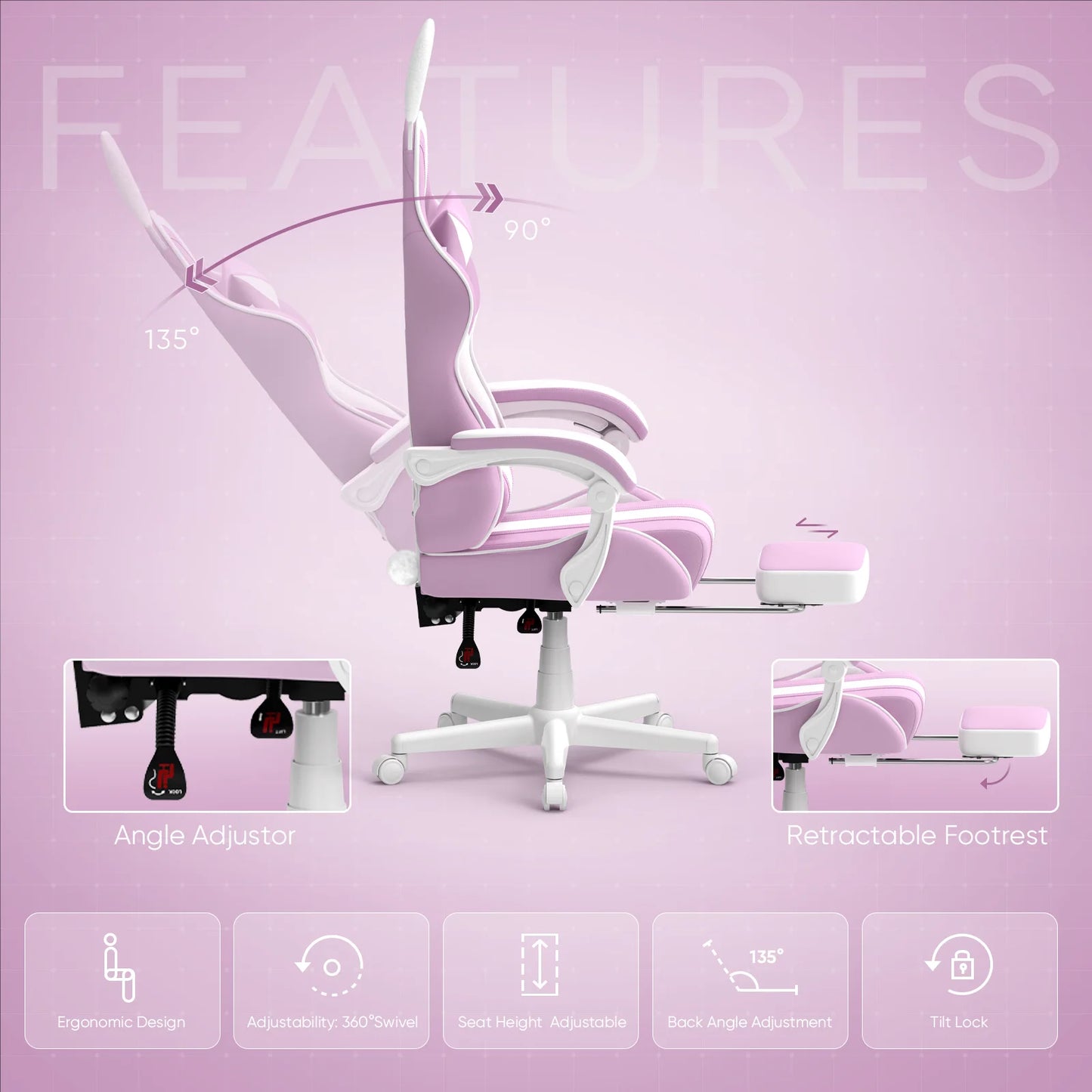 Purple Gaming Chair with Footrest, Ergonomic Game Gamer Chair with Massage Lumbar Pillow & Adjustable Headrest, High Back Office Computer Cute Bunny Ears for Adults Kids Girls, Light Purple