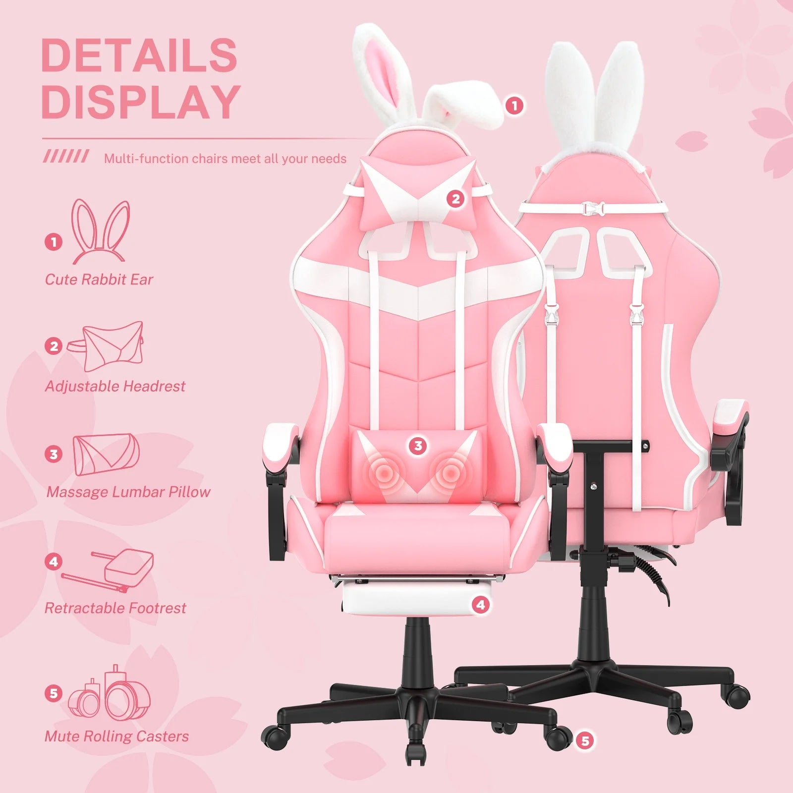 Pink Gaming Chair with Footrest, Ergonomic Office Chair with Lumbar Pillow & Adjustable Headrest Support, Gamers Game Chair, Pink and White