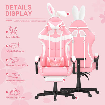 Pink Gaming Chair with Footrest, Ergonomic Office Chair with Lumbar Pillow & Adjustable Headrest Support, Gamers Game Chair, Pink and White