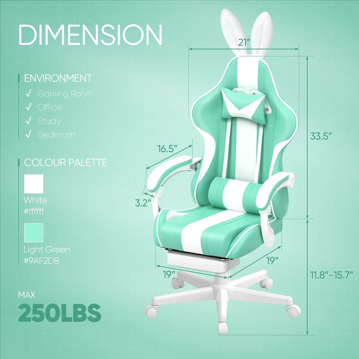 Chair Leather Gaming Chair with Footrest and Massage Lumbar Support, Light Green