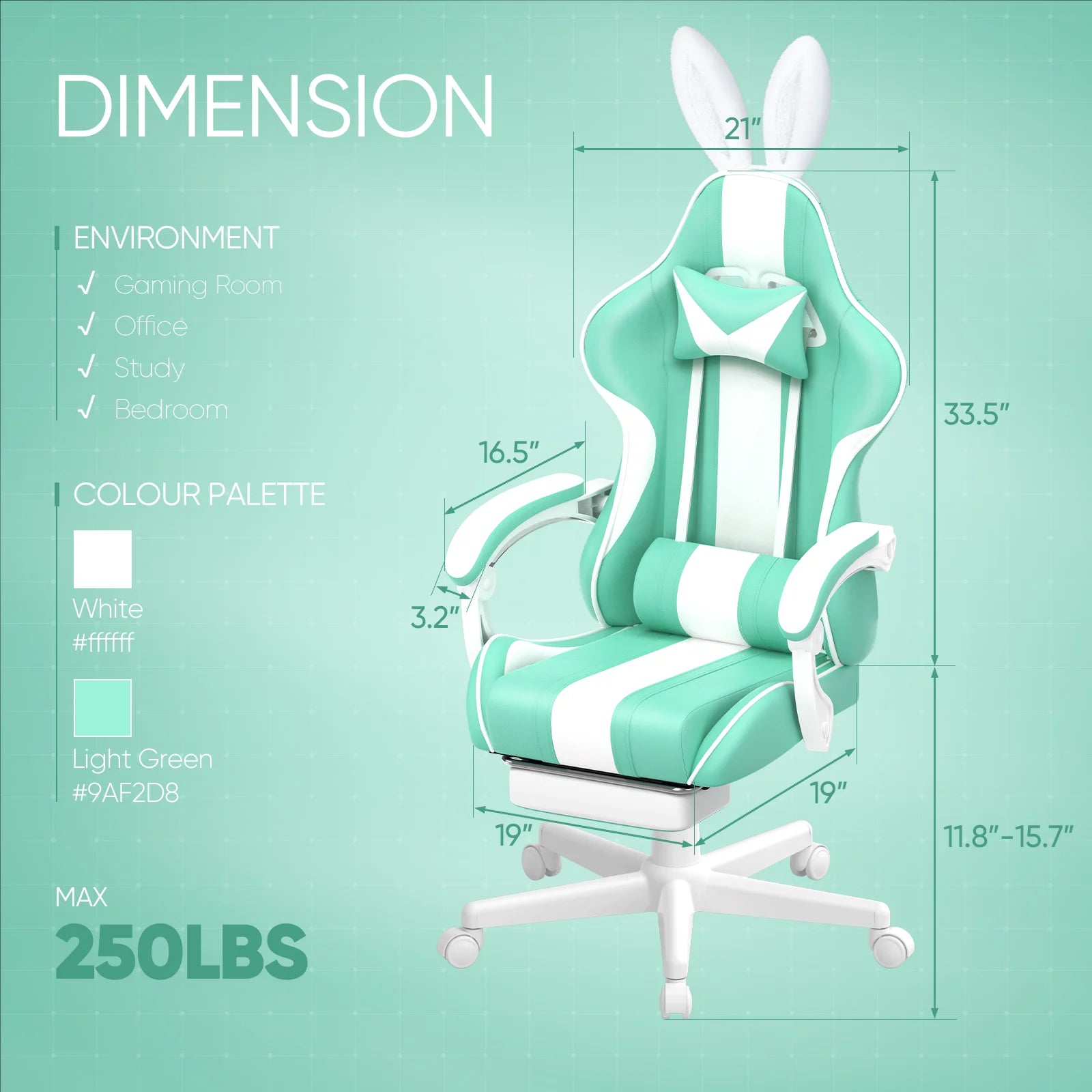 Chair Leather Gaming Chair with Footrest and Massage Lumbar Support, Light Green