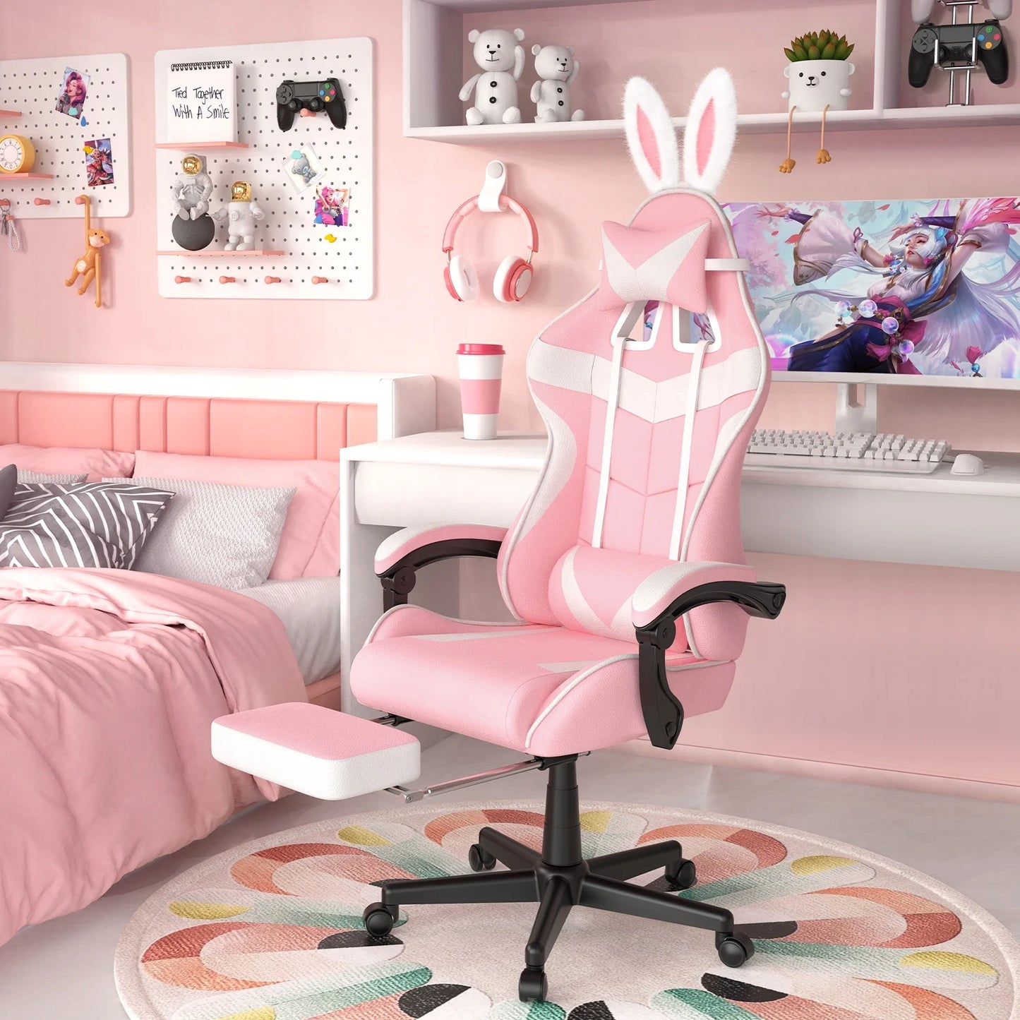 Pink Gaming Chair with Footrest, Ergonomic Office Chair with Lumbar Pillow & Adjustable Headrest Support, Gamers Game Chair, Pink and White