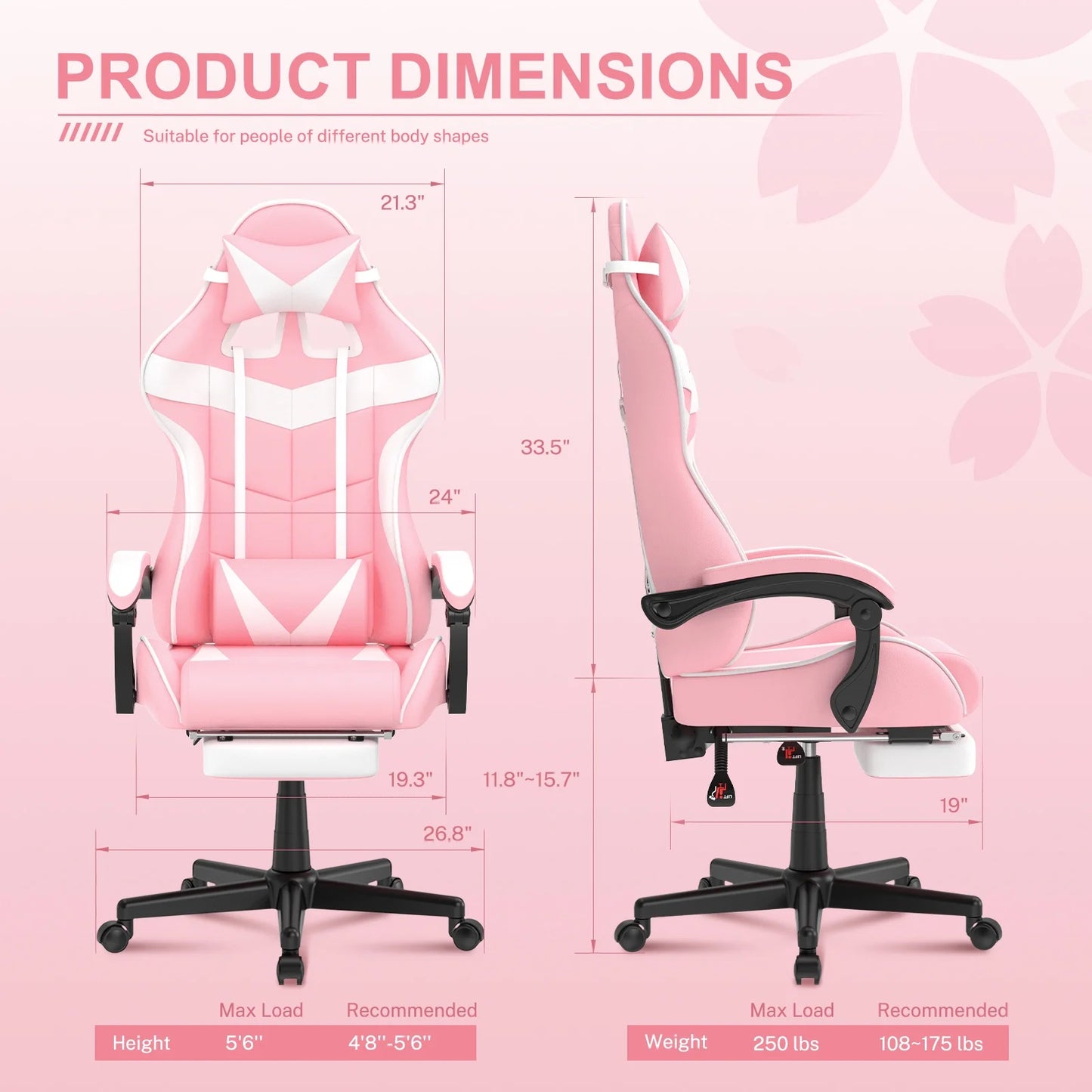 Pink Gaming Chair with Footrest, Ergonomic Office Chair with Lumbar Pillow & Adjustable Headrest Support, Gamers Game Chair, Pink and White