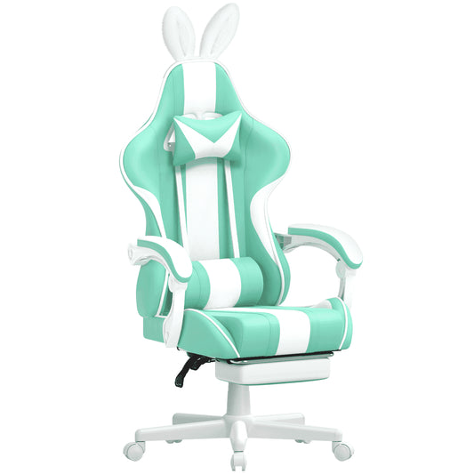 Chair Leather Gaming Chair with Footrest and Massage Lumbar Support, Light Green