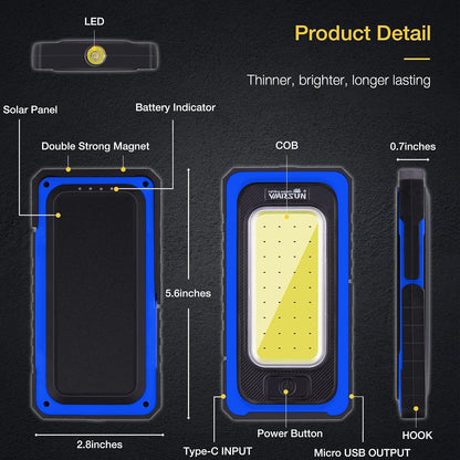 Led Work Light Rechargeable, Portable Magnetic Work Light, LED Flood Light Waterproof for Outdoor Camping Hiking Emergency Car Repair (USB Charging, Blue)
