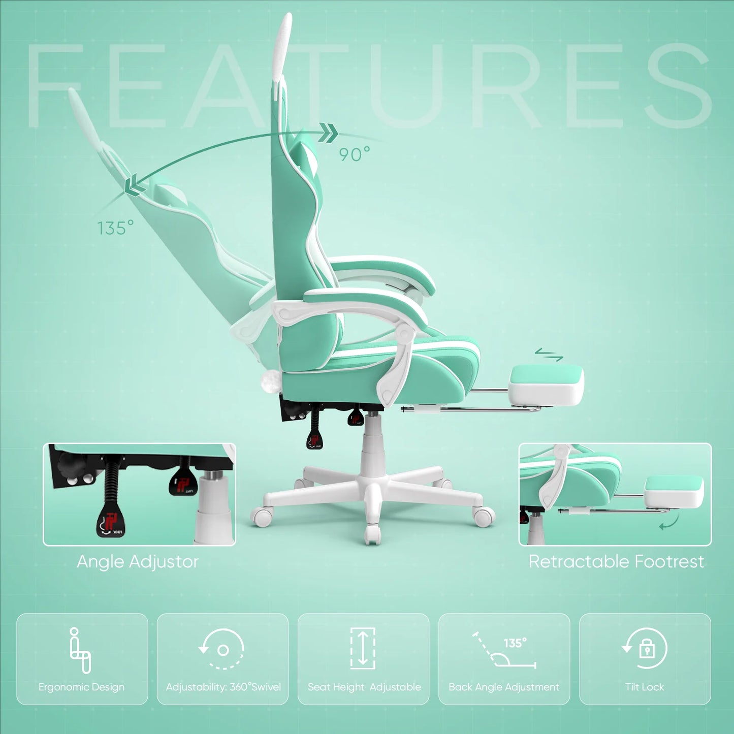 Chair Leather Gaming Chair with Footrest and Massage Lumbar Support, Light Green