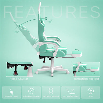 Chair Leather Gaming Chair with Footrest and Massage Lumbar Support, Light Green