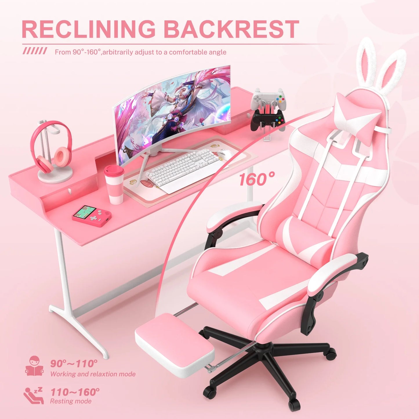 Pink Gaming Chair with Footrest, Ergonomic Office Chair with Lumbar Pillow & Adjustable Headrest Support, Gamers Game Chair, Pink and White