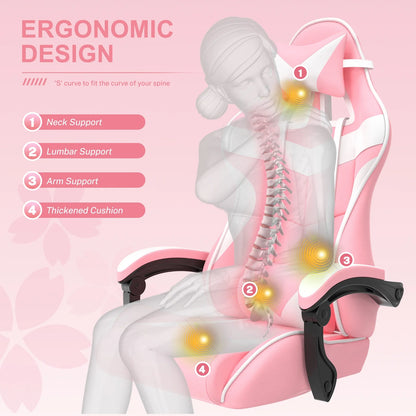 Pink Gaming Chair with Footrest, Ergonomic Office Chair with Lumbar Pillow & Adjustable Headrest Support, Gamers Game Chair, Pink and White