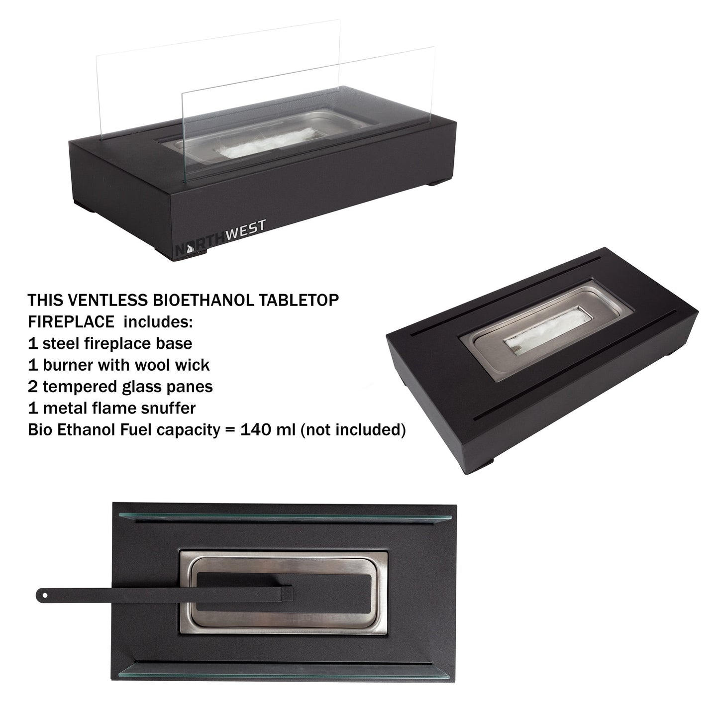 Bio Ethanol Rectangular Indoor or Outdoor Ventless Fireplace with 360-View (Black)