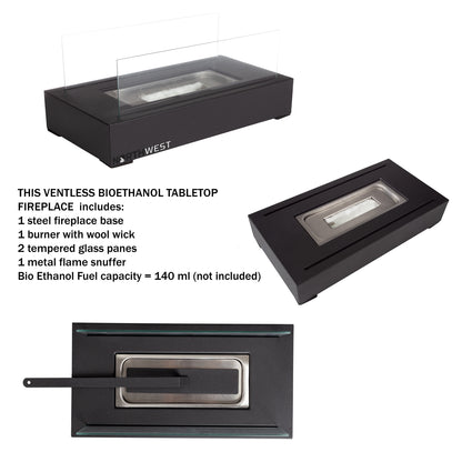 Bio Ethanol Rectangular Indoor or Outdoor Ventless Fireplace with 360-View (Black)