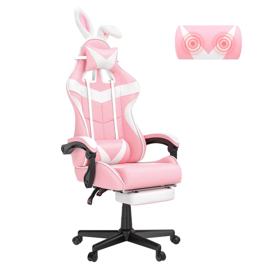 Pink Gaming Chair with Footrest, Ergonomic Office Chair with Lumbar Pillow & Adjustable Headrest Support, Gamers Game Chair, Pink and White