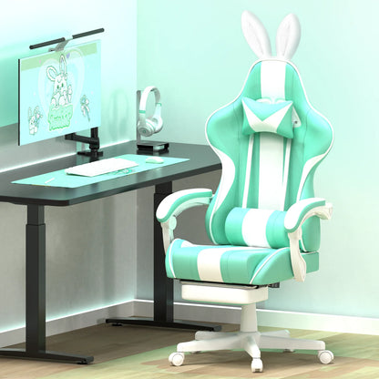 Chair Leather Gaming Chair with Footrest and Massage Lumbar Support, Light Green